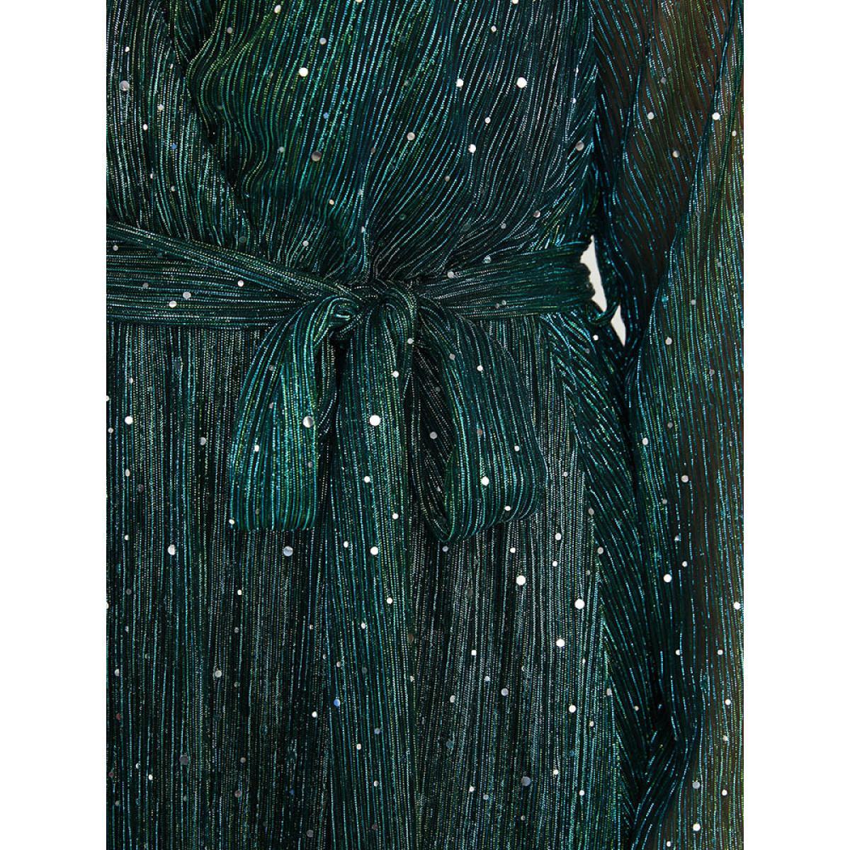 Plus Size Solid Pocket Wrap Belted Sequin Mesh Maxi Dress DarkGreen Women Cocktail Belted V-neck Long Sleeve Curvy Long Dress BloomChic 28/5X Product Image