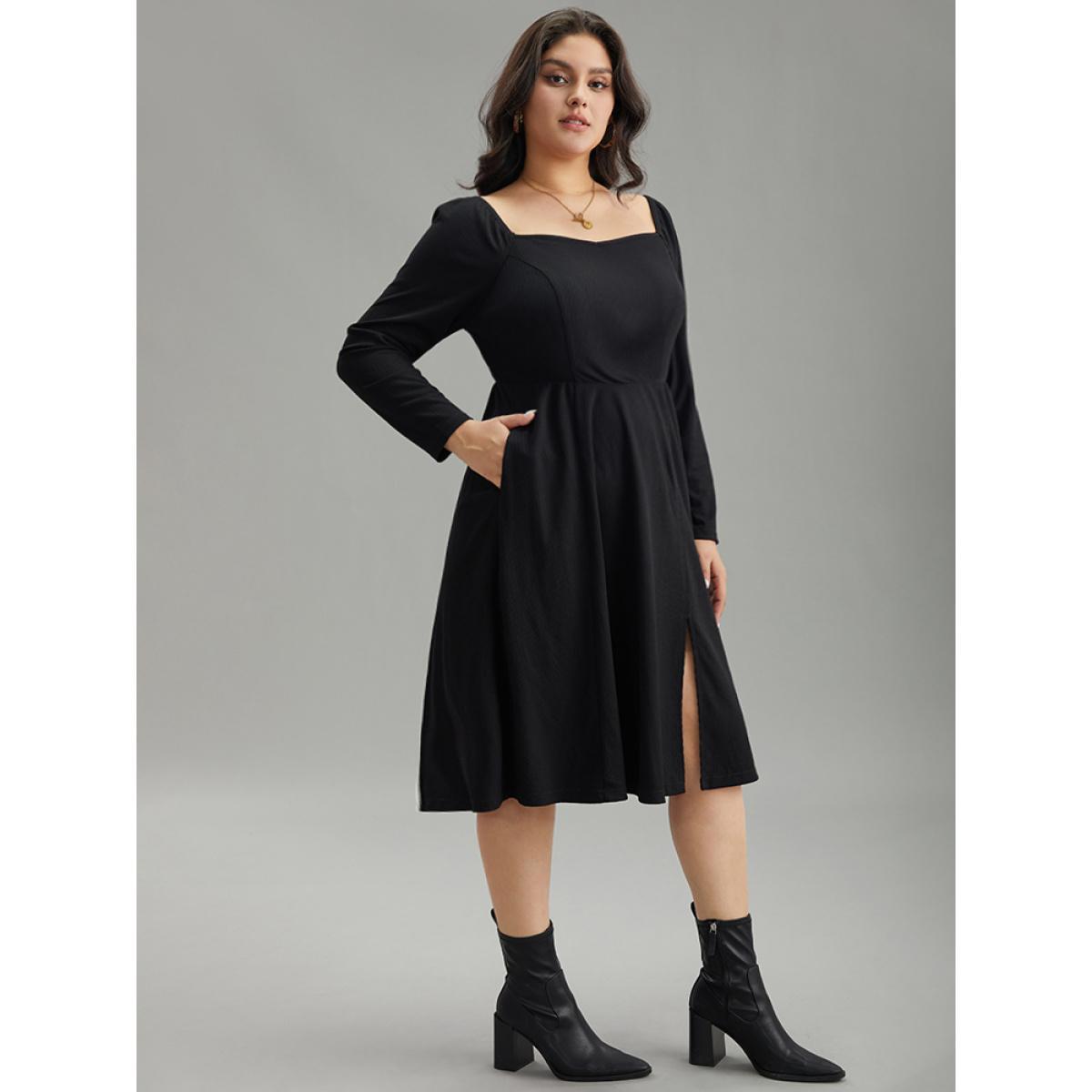 Plus Size Rib Knit Split Side Square Neck Dress Black Women Elegant Plain Square Neck Long Sleeve Curvy Midi Dress BloomChic 12/L Product Image