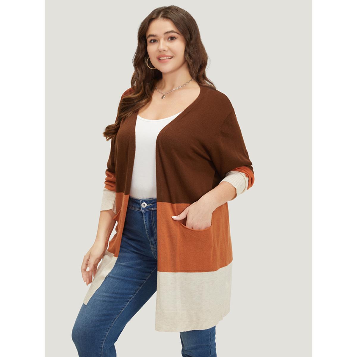 Plus Size Supersoft Essentials Colorblock Contrast Pocket Open Front Cardigan Orange Women Casual Loose Long Sleeve Everyday Cardigans BloomChic 10/M Product Image