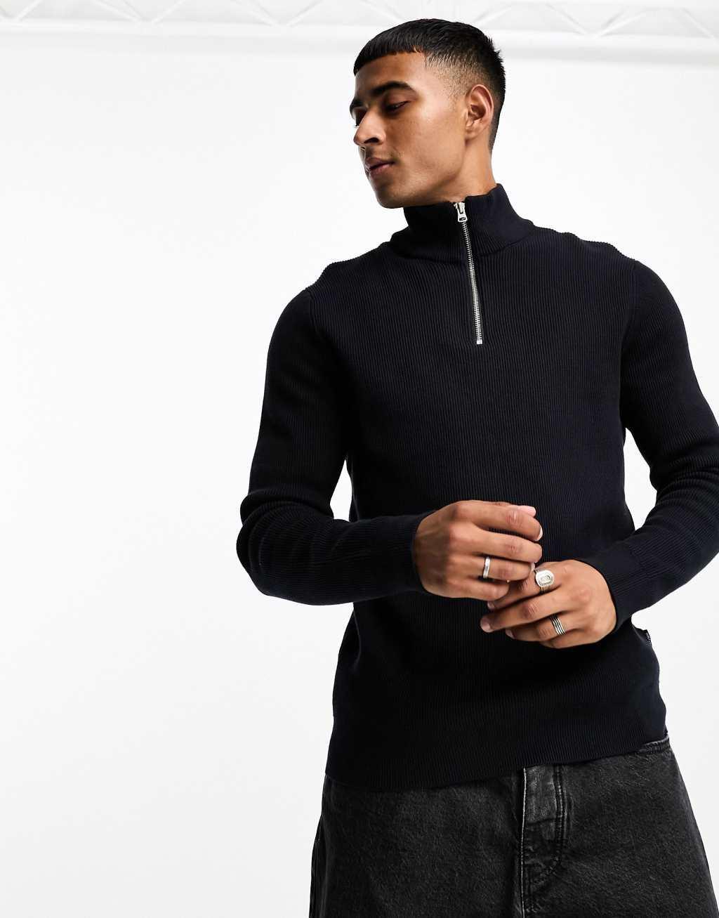 Only & Sons ribbed half zip sweater in navy Product Image