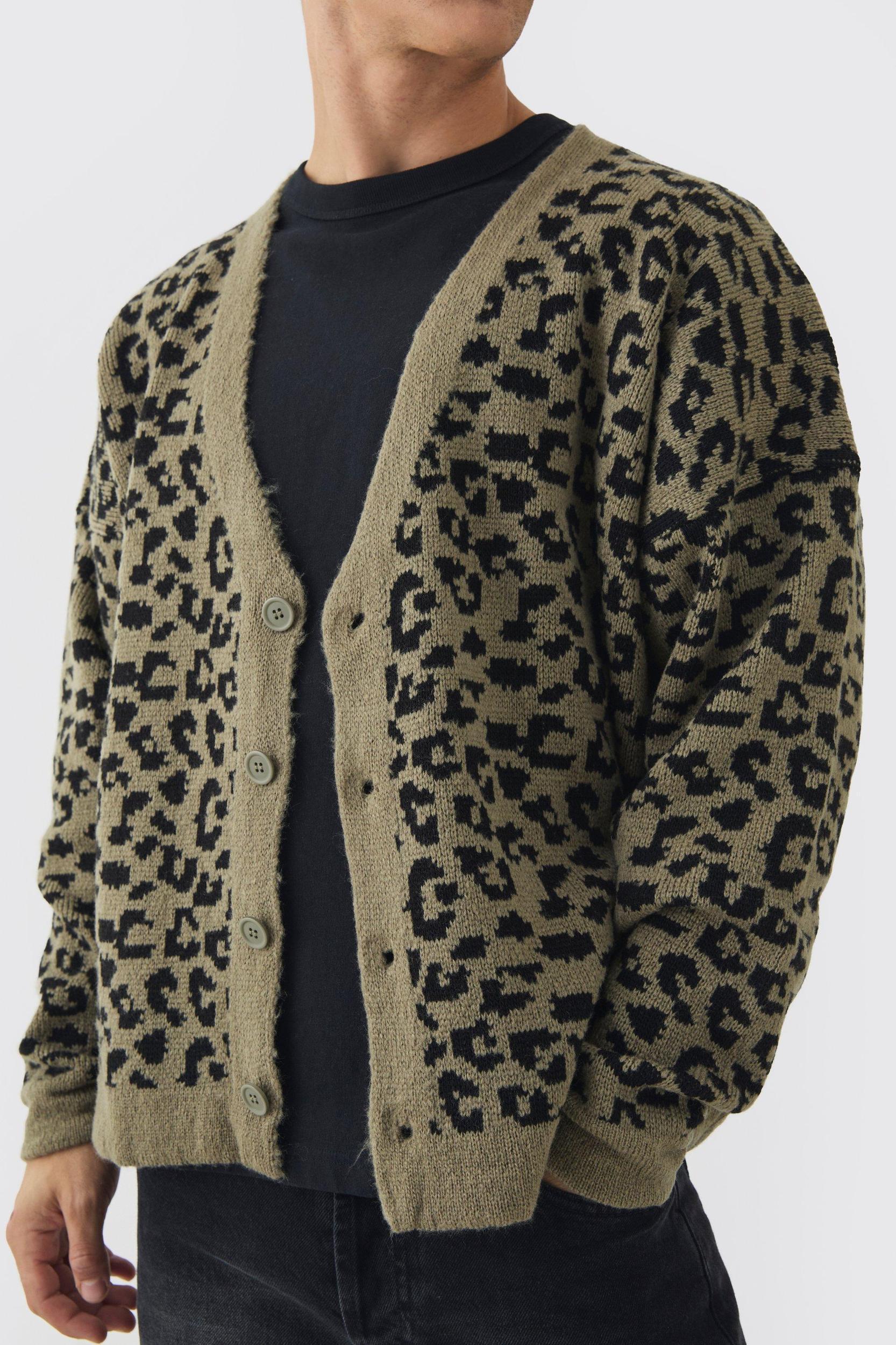 Boxy Oversized Brushed Leopard All Over Cardigan | boohooMAN USA Product Image