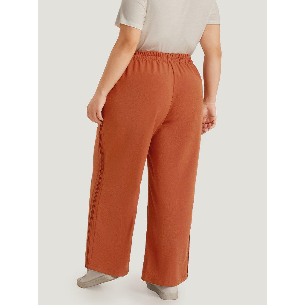 Plus Size Plain Plicated Detail Pocket Elastic Waist Wide leg Pants Women Chocolate Casual Straight Leg High Rise Dailywear Pants BloomChic 28/5X Product Image