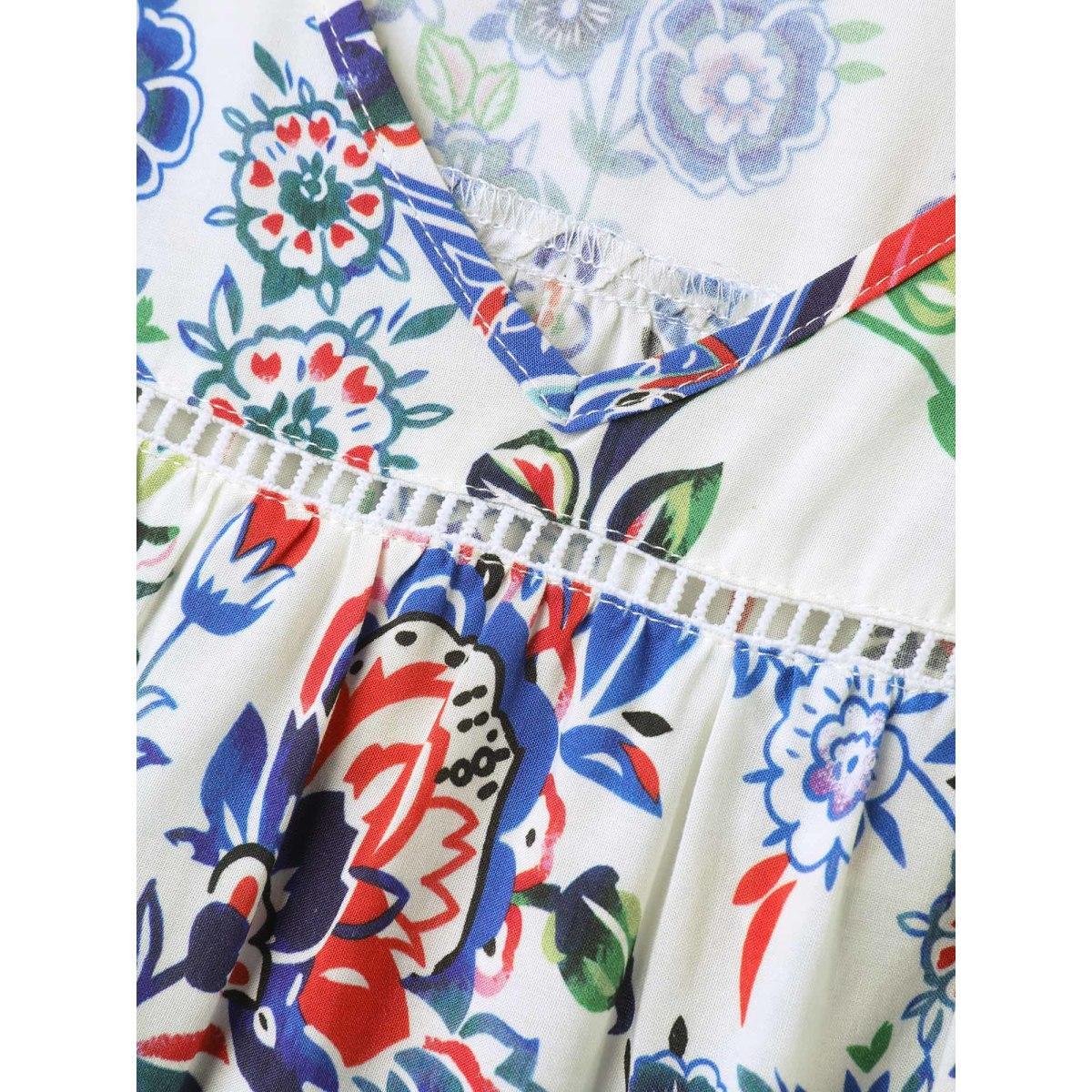 Plus Size Multicolor Rayon Floral Boho Print Lace Trim Blouse Women Short sleeve V-neck Everyday-Elegant Blouses BloomChic 22-24/3X Product Image
