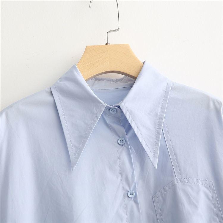 Long Sleeve Collared Plain Oversized Shirt Product Image
