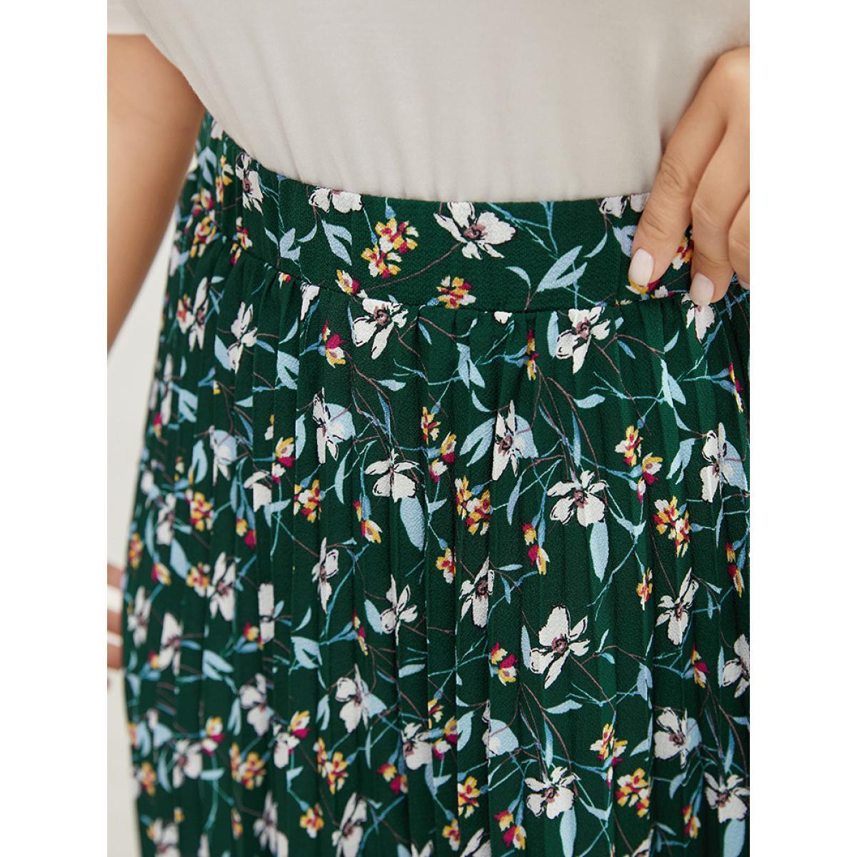 Plus Size Ditsy Floral Pleated Hanky Hem Skirt Women DarkGreen Elegant Asymmetrical No stretch Dailywear Skirts BloomChic 26/4X Product Image