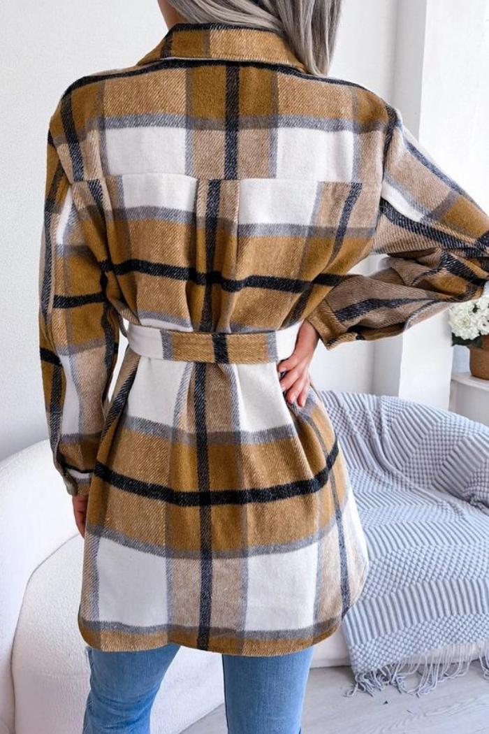 Women Belted Plaid Pattern Button Down Product Image