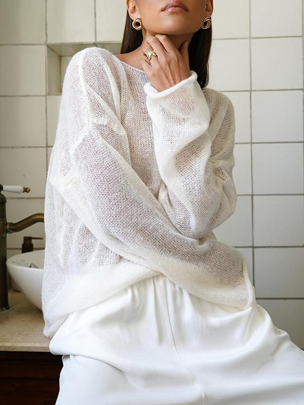 Long Sleeves Loose See-Through Solid Color Split-Joint Round-Neck Sweater Tops Product Image