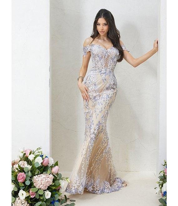 Terani Couture Embroidered Sequin Off-The-Shoulder Neck Short Sleeve Gown Product Image