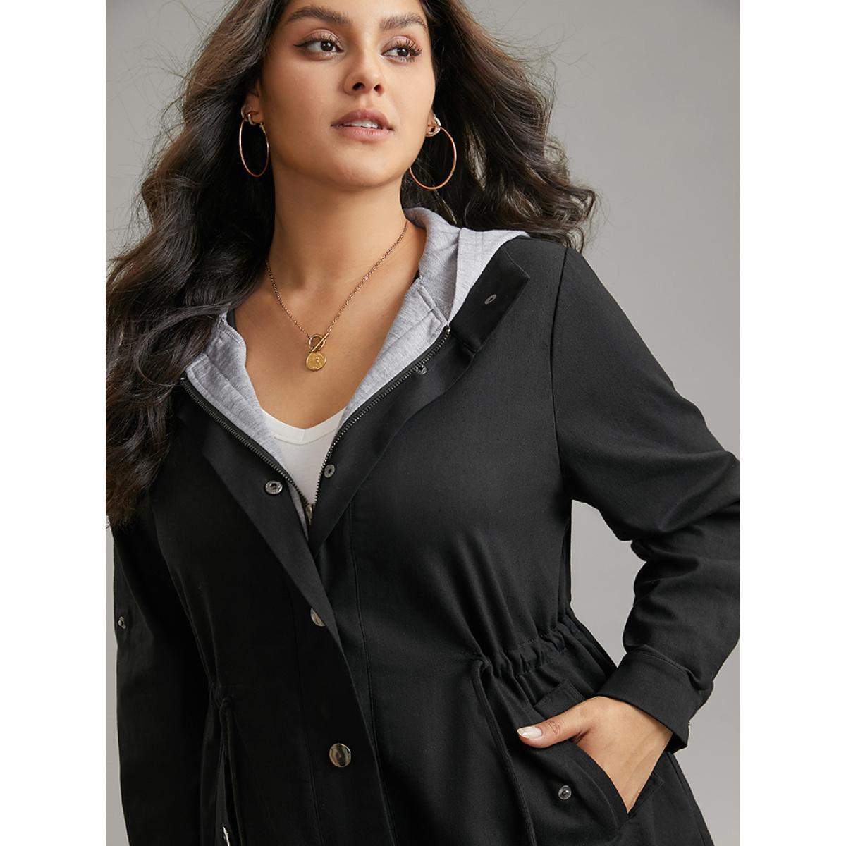 Plus Size Contrast Hooded Drawstring Zipper Button Up Jacket Women Black Contrast Pocket Dailywear Jackets BloomChic 22-24/3X Product Image