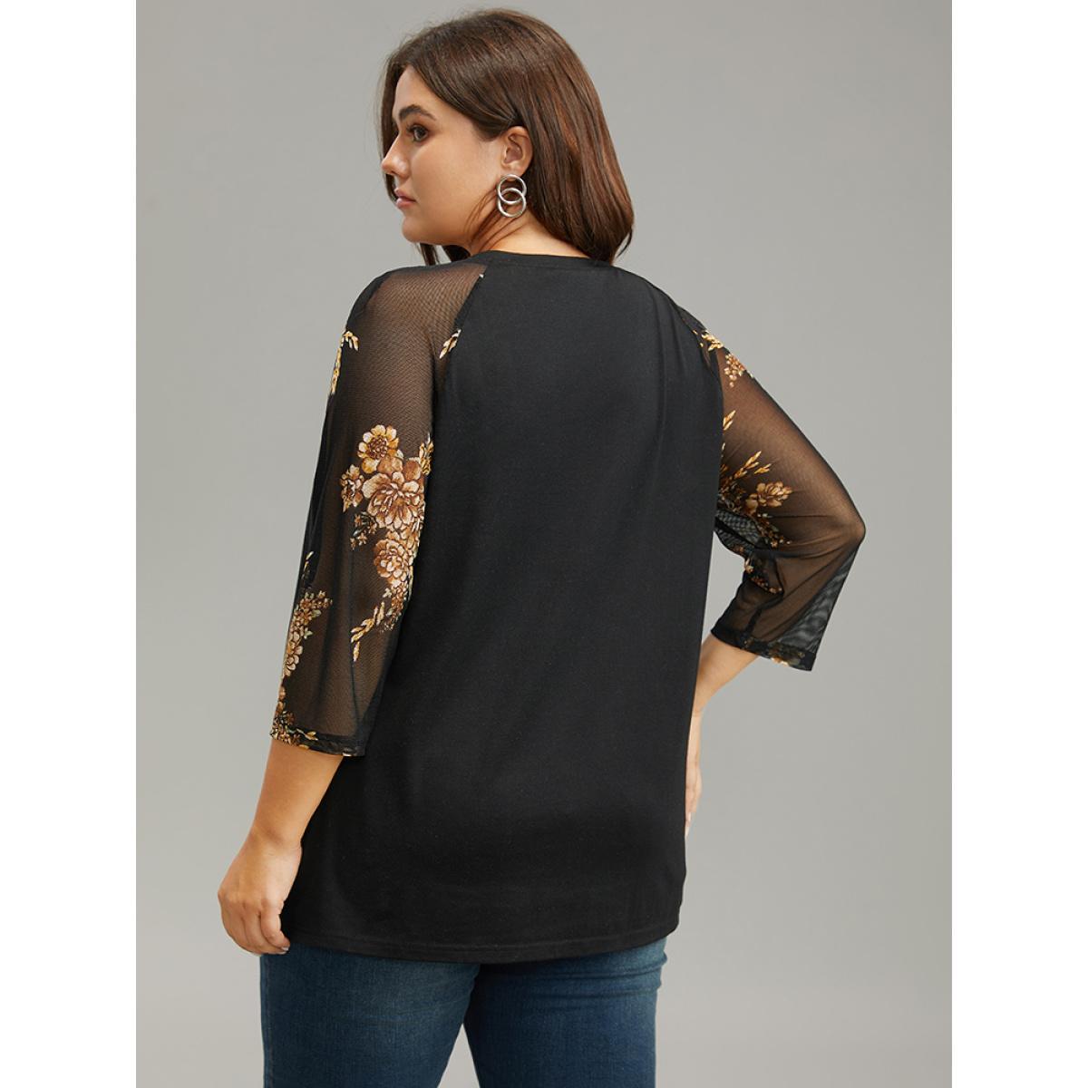 Plus Size Floral Print Patchwork Mesh T-shirt Black Women Casual See through Floral V-neck Dailywear T-shirts BloomChic 12/L Product Image