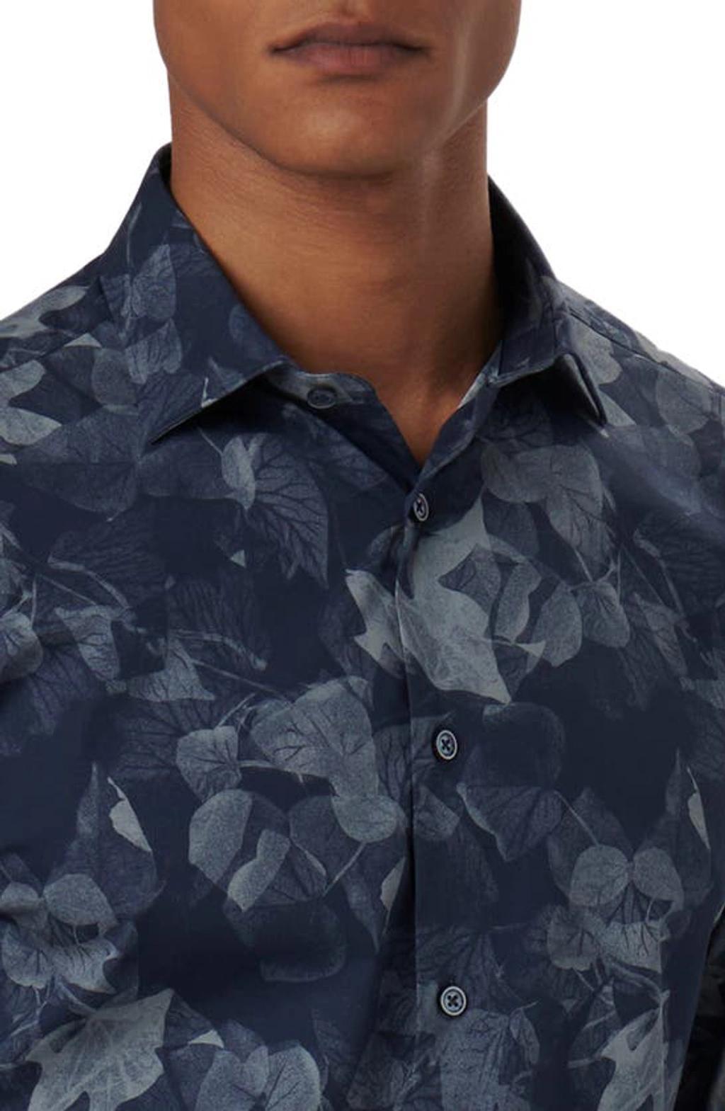 BUGATCHI Axel Leaf Print Stretch Cotton Button-up Shirt In Navy Product Image