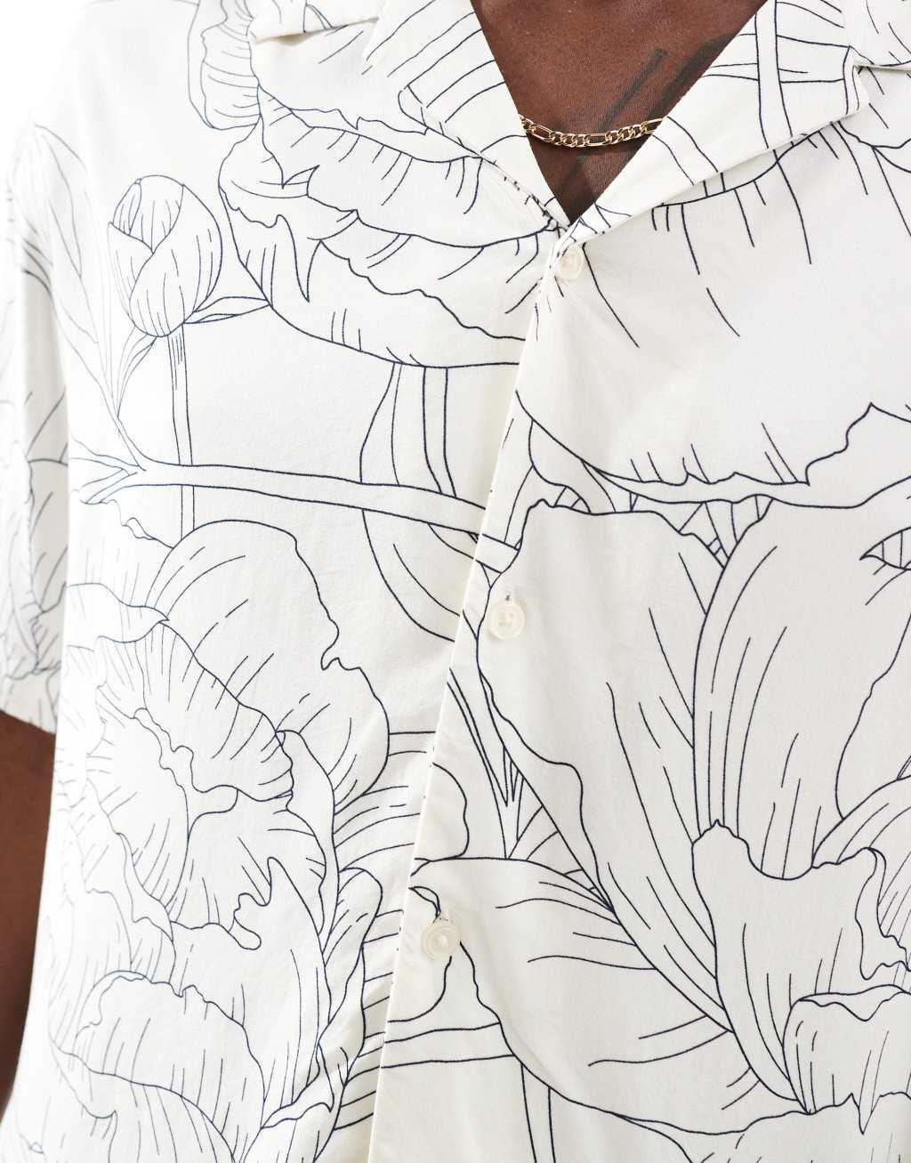 Jack & Jones oversized revere collar floral printed shirt in white Product Image