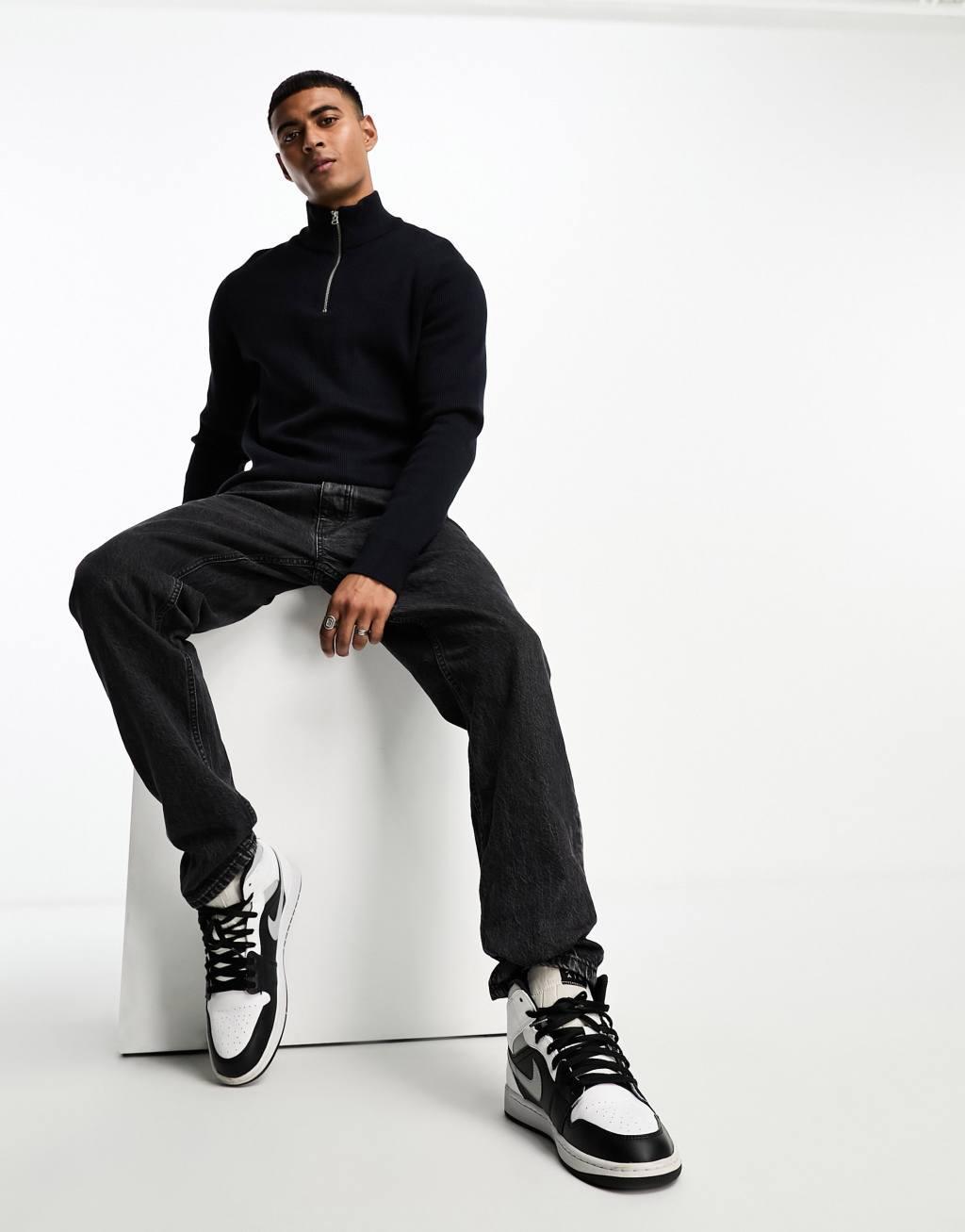 Only & Sons ribbed half zip sweater in navy Product Image
