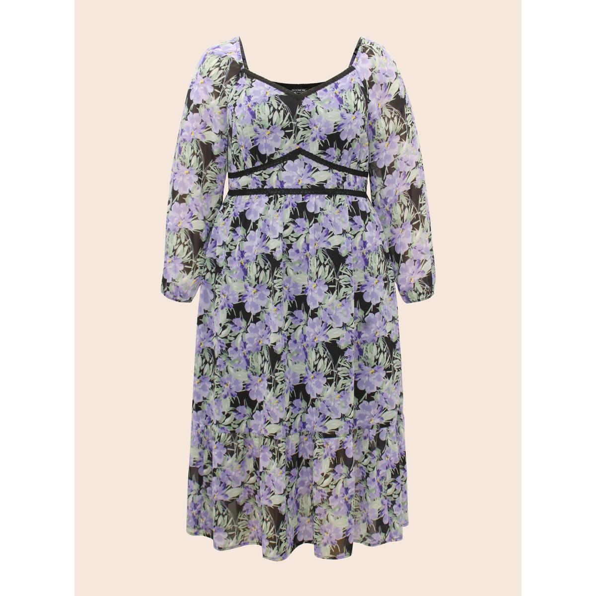 Plus Size Heart Neckline Floral Contrast Webbing Dress BlackFlower Women Elegant Woven ribbon&lace trim Heart neckline Long Sleeve Curvy BloomChic 22-24/3X Product Image