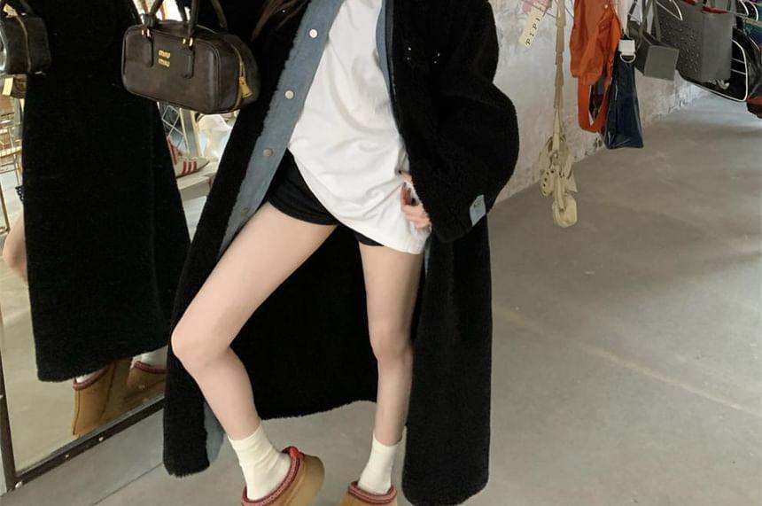Collared Mock Two-Piece Denim Panel Button-Up Fleece Long Coat Product Image