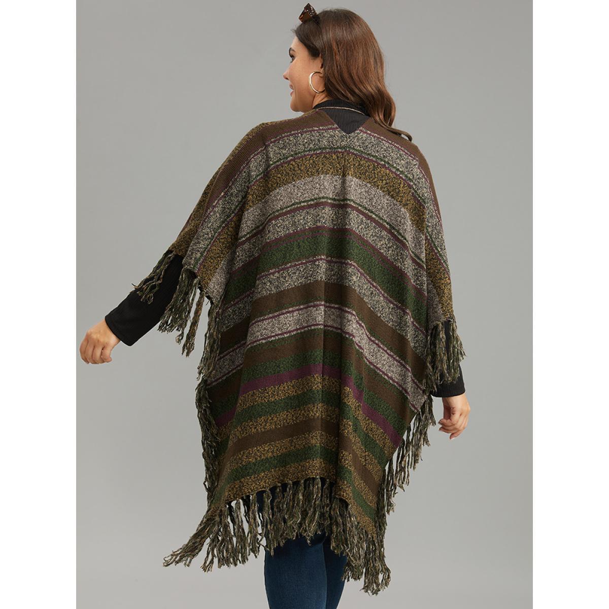 Plus Size Contrast Striped Fringe Trim Drape Cardigan Multicolor Women Casual Loose Sleeveless Everyday Cardigans BloomChic 26/4X Product Image