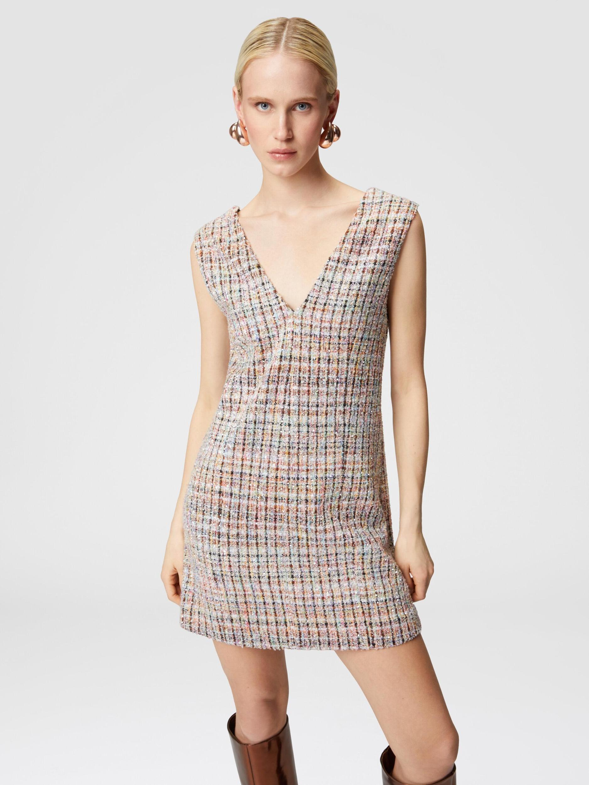 Sleeveless bouclé checkered mini-dress with sequins Product Image