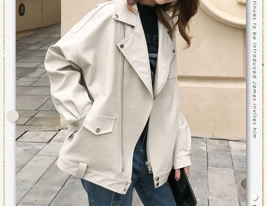 Faux Leather Zip Biker Jacket Product Image