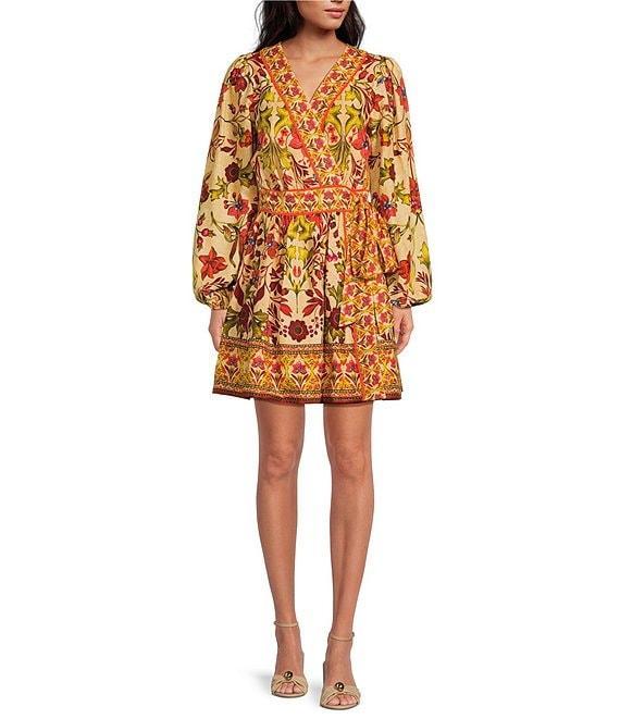 A Loves A Woven Floral Print Surplice V-Neck Long Bubble Sleeve A-Line Wrap Above the Knee Dress Product Image