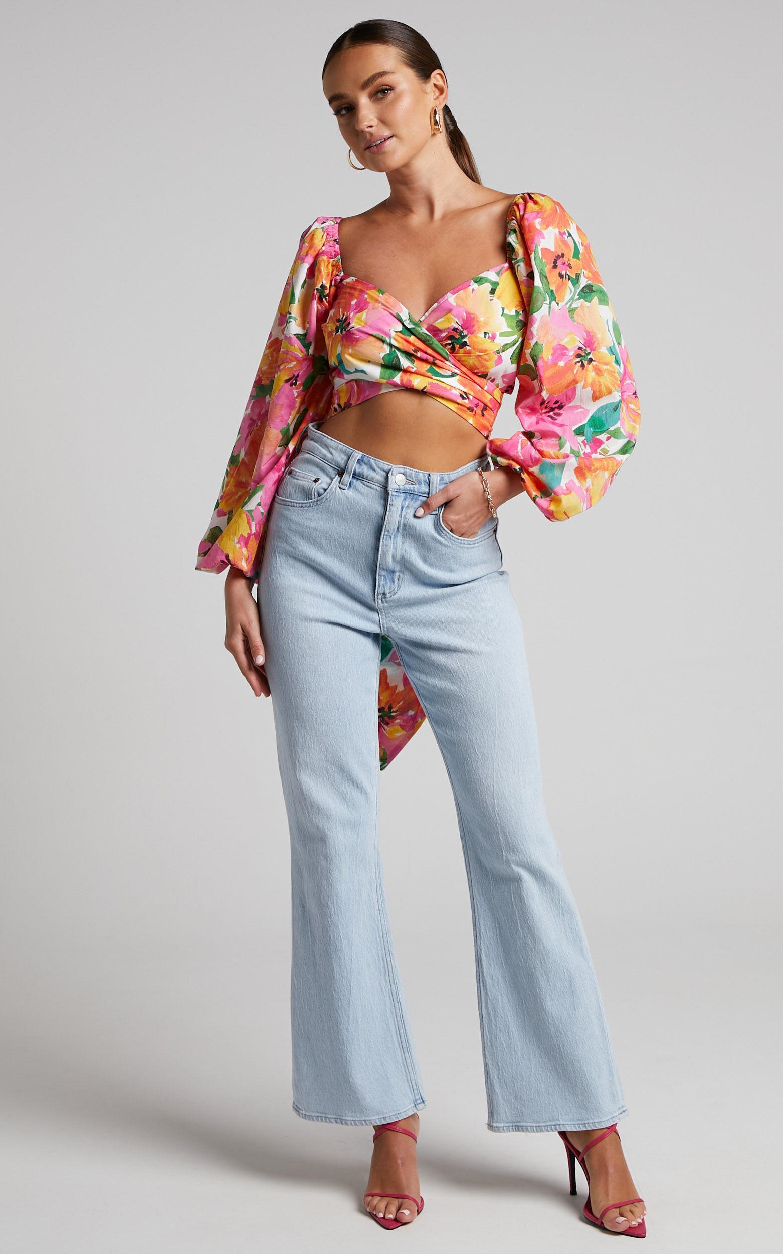 Shairah Top - Long Sleeve Tie Back Wrap Crop Top in In Bloom Product Image