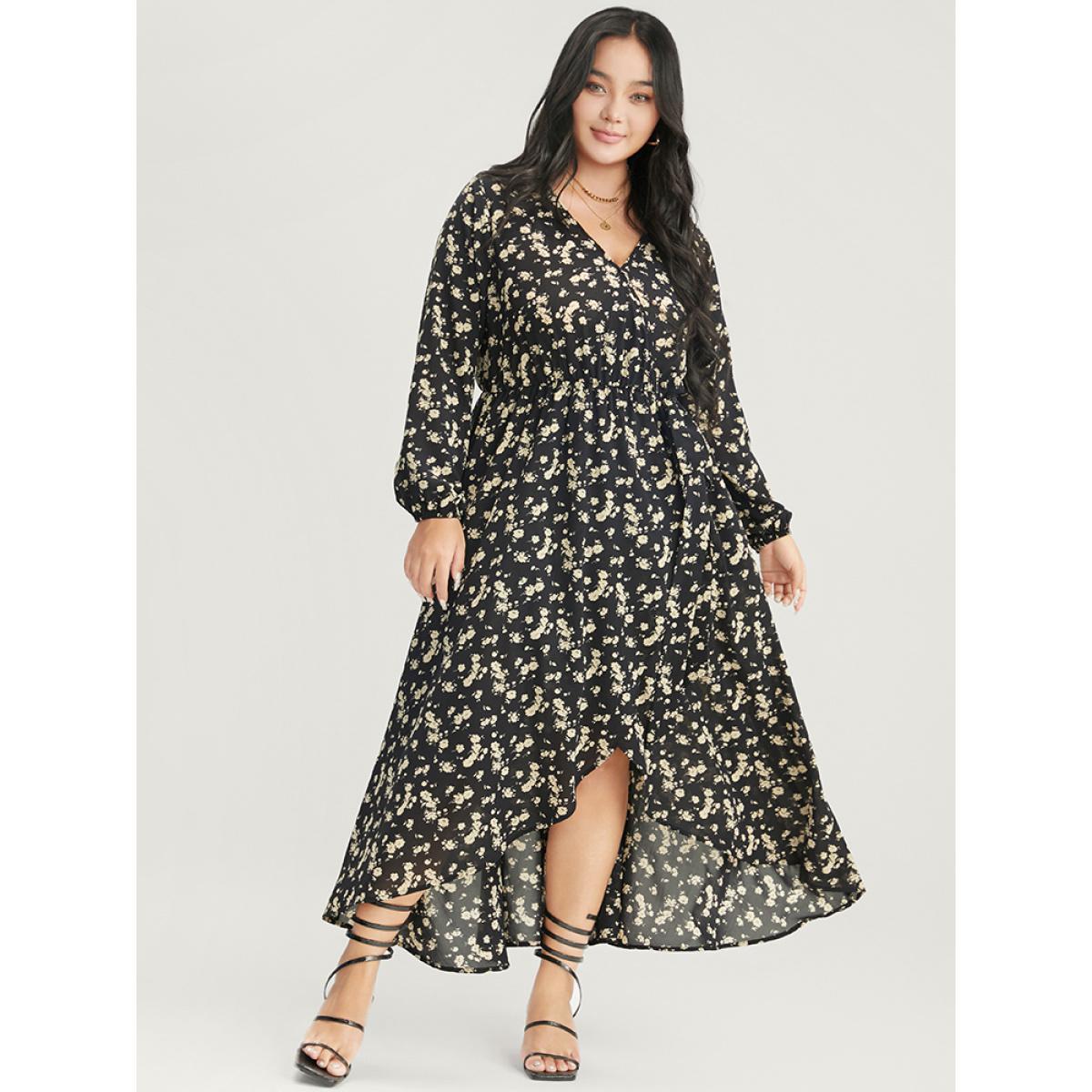 Plus Size Floral Wrap Lantern Sleeve Pocket Asymmetrical Hem Dress Black Women Elegant Cross straps V-neck Long Sleeve Curvy Long Dress BloomChic 22-24/3X Product Image