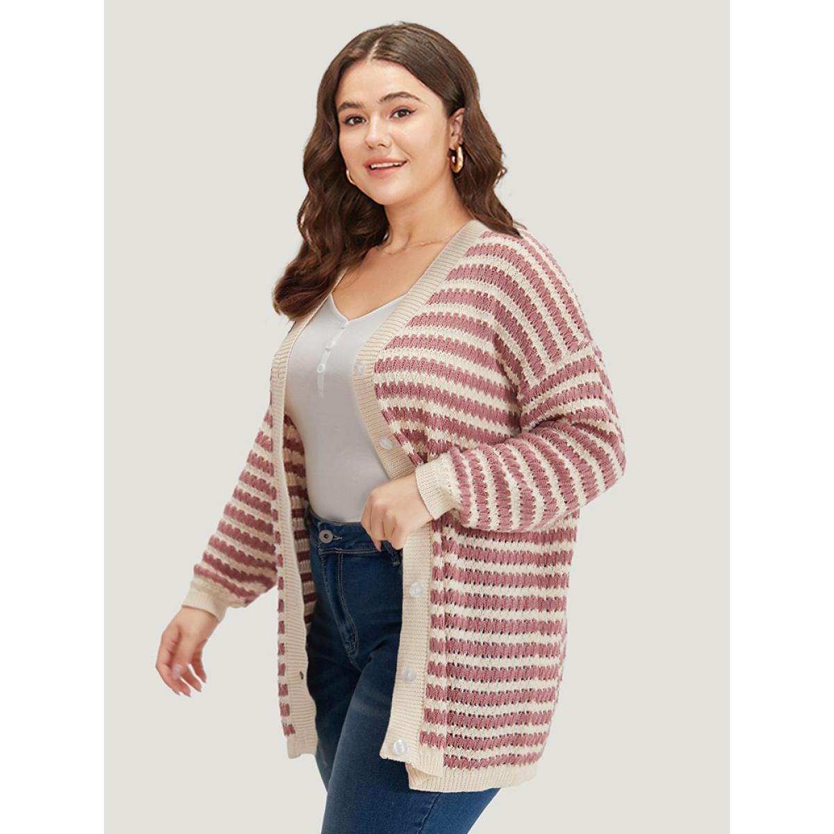 Plus Size Striped Button Through Cut Out Cardigan DustyPink Women Casual Loose Long Sleeve Dailywear Cardigans BloomChic 18-20/2X Product Image