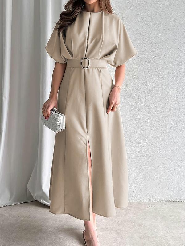 Loose Raglan Sleeve Pleated Split-Front Split-Joint Tied Waist Round-Neck Maxi Dresses Product Image