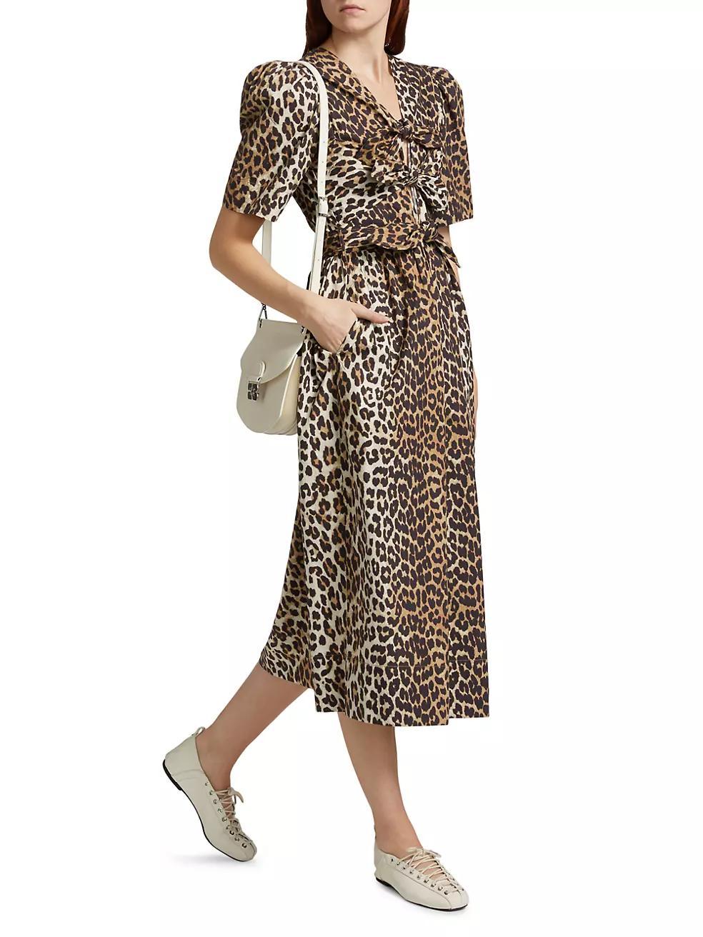 Leopard Cotton Tie-Strap Midi-Dress Product Image