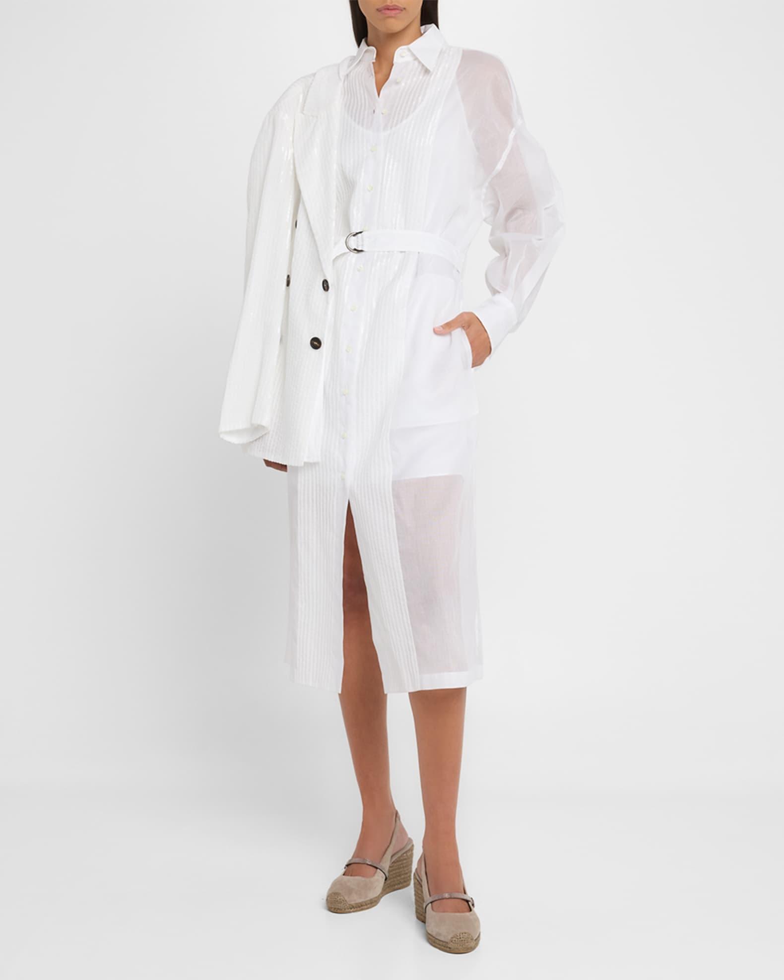 Tuxedo Bib Long-Sleeve Belted Organza Tunic Shirt Product Image