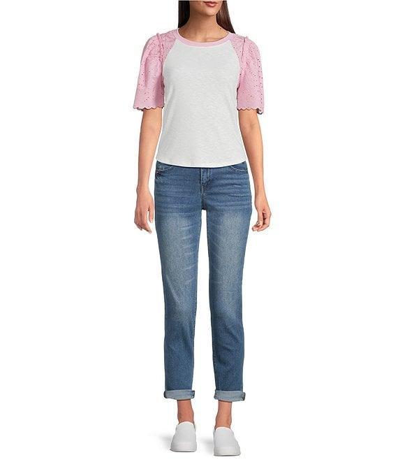 Democracy Petite Size Mix-Media Scoop Neck Embroidered Elbow Puff Sleeve Top Product Image