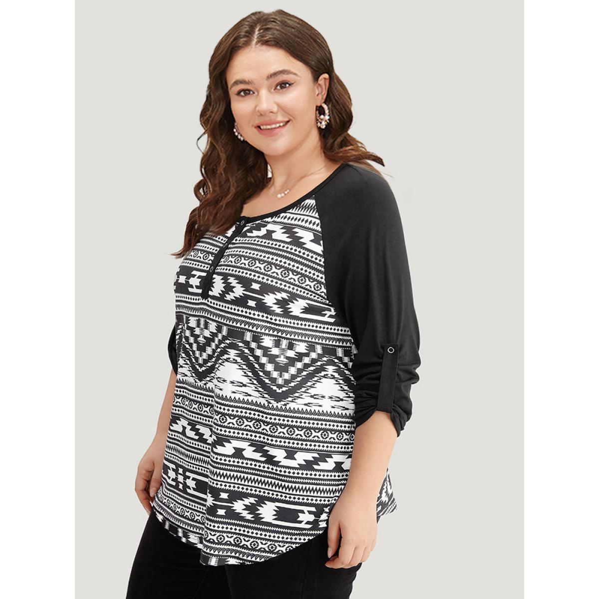 Plus Size Geometric Patchwork Button Down T-shirt Black Women Casual Contrast Geometric Open Front Dailywear T-shirts BloomChic 30/6X Product Image