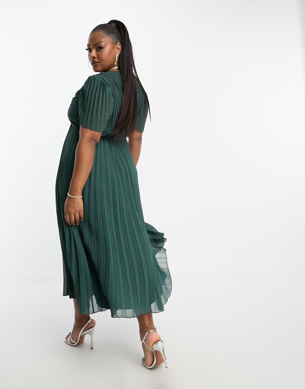 ASOS DESIGN Curve pleated bodice flutter sleeve pleat midi dress Product Image
