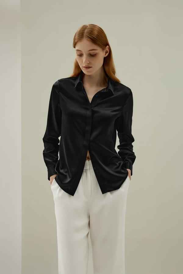 Basic Concealed Placket Silk Shirt Product Image