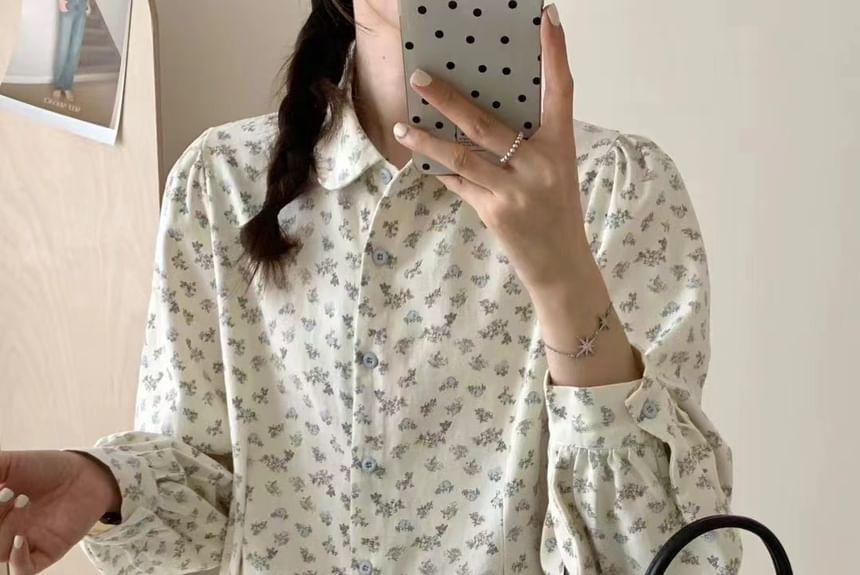 Long Sleeve Collar Floral Print Cropped Shirt Product Image