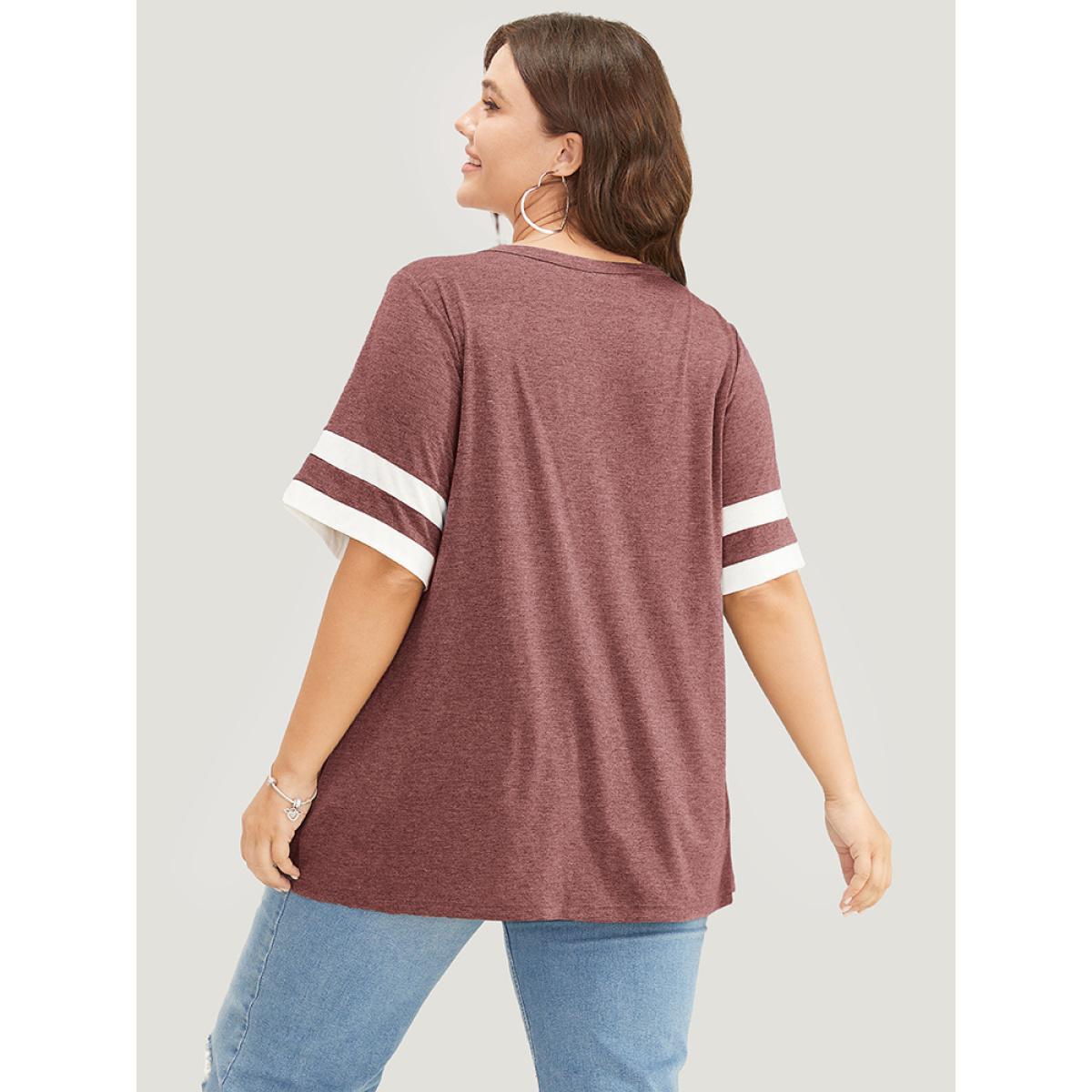 Plus Size Striped Contrast V Neck Button Detail T-shirt Russet Women Casual Contrast Plain V-neck Dailywear T-shirts BloomChic 22-24/3X Product Image