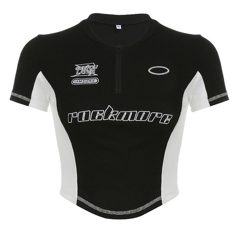 Long/Short-Sleeve Lettering Embroidered Half Zip Crop Tee Product Image