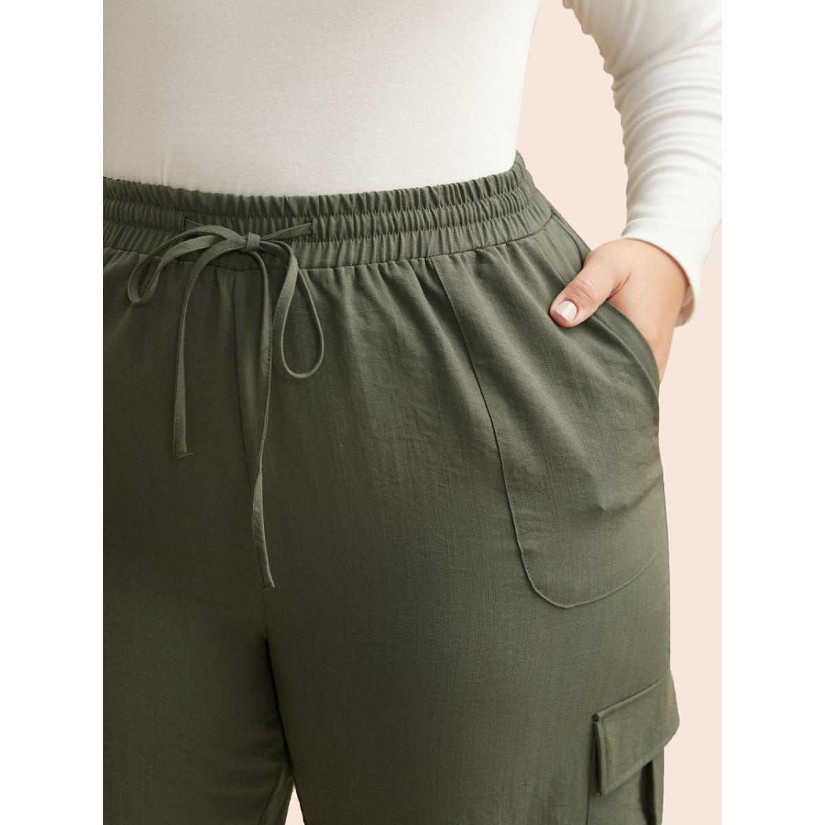Plus Size Mid Rise Patched Pocket Drawstring Pants Women ArmyGreen Casual Mid Rise Everyday Pants BloomChic 18-20/2X Product Image