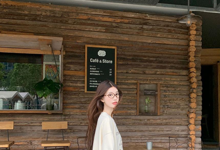 Drop Shoulder Crew Neck Cartoon Oversized Pullover / High Waist Plaid Mini A-Line Skirt Product Image