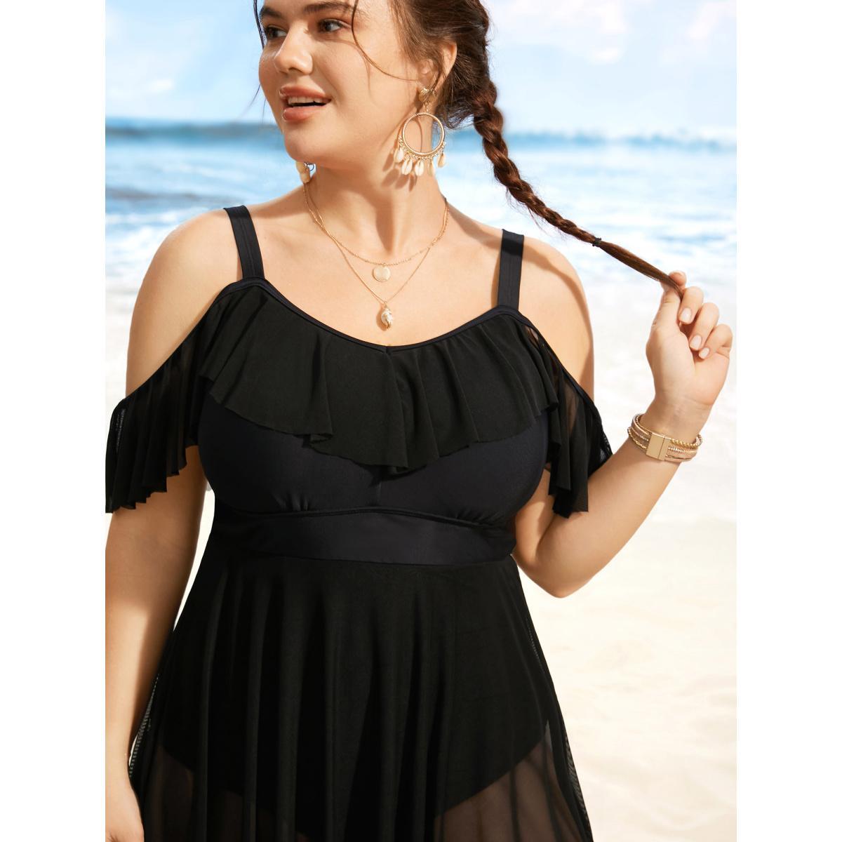 Plus Size Solid Ruffle Trim Patchwork Mesh Swim Dress Women's Swimwear Black Beach Bodycon Heart neckline High stretch Curve Swim Dresses BloomChic 14-16/1X Product Image