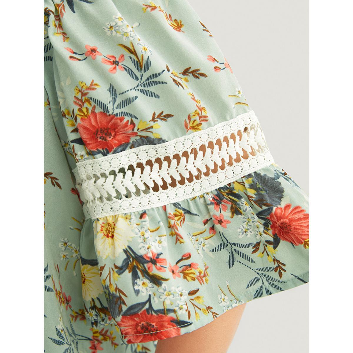 Plus Size Mint Floral Print Lace Insert Ruffles Cold Shoulder Blouse Women Elegant Short sleeve Cold Shoulder Dailywear Blouses BloomChic 14-16/1X Product Image