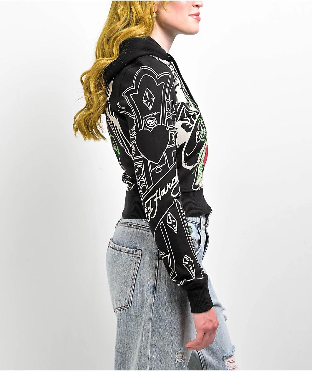 Ed Hardy Sacred Heart Black Crop Zip Hoodie Product Image