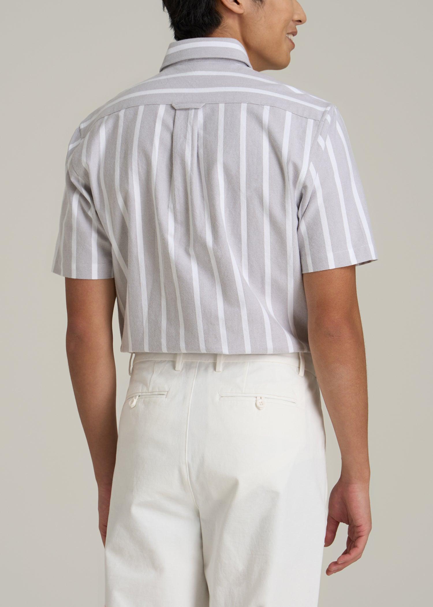 Short Sleeve Oxford Button Shirt For Tall Men in Bold Grey Stripe Product Image