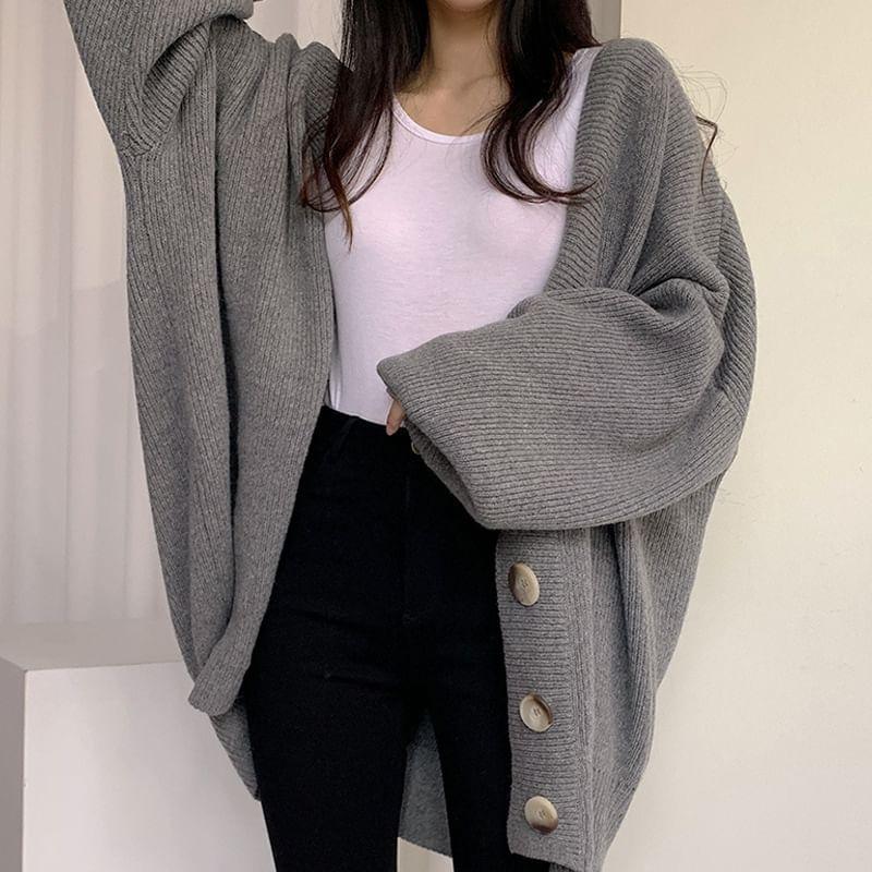 Balloon Sleeve V-Neck Plain Cardigan Product Image