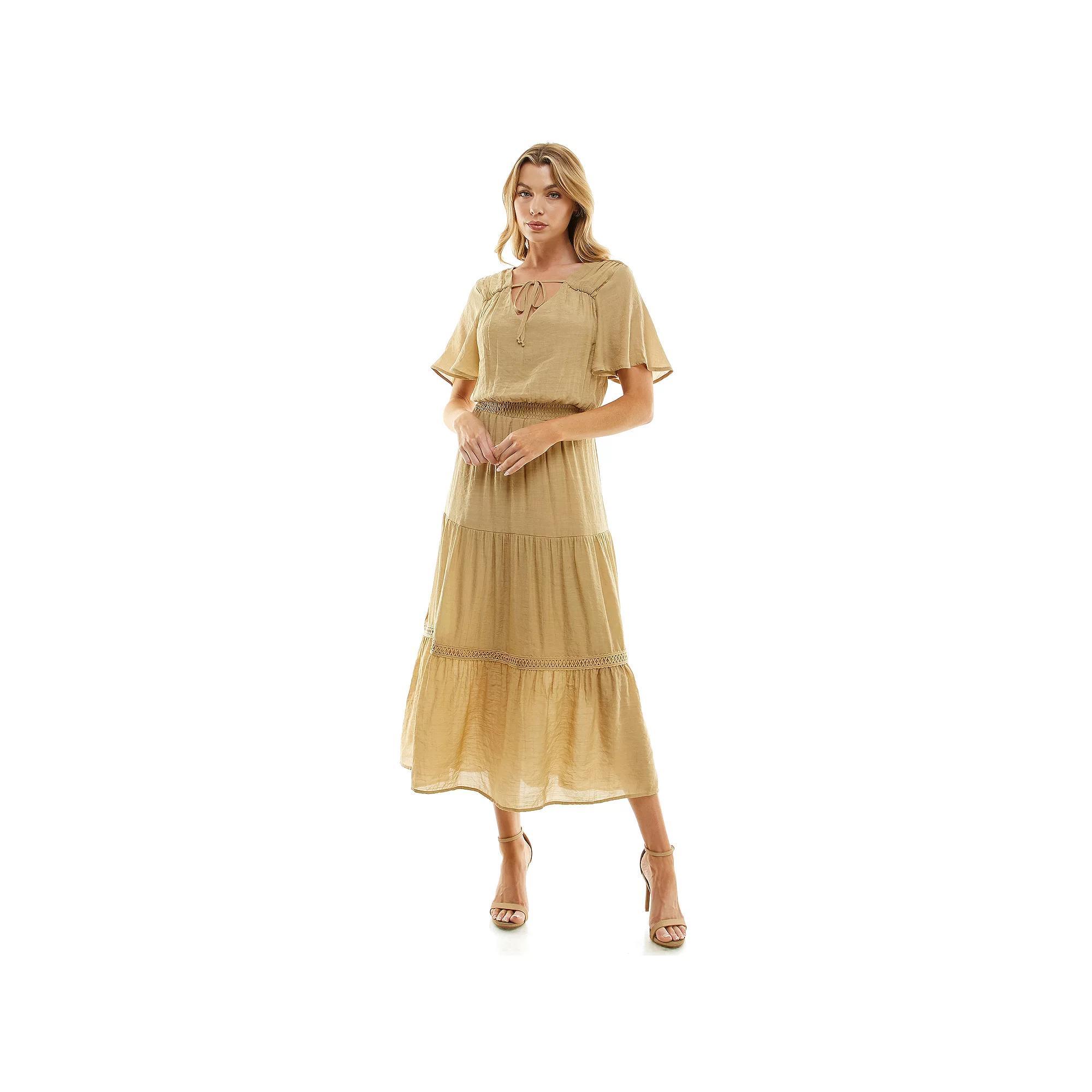 Women's Luxology Tie-Front Tiered Midi Gauze Dress, Size: Medium, Brown Product Image