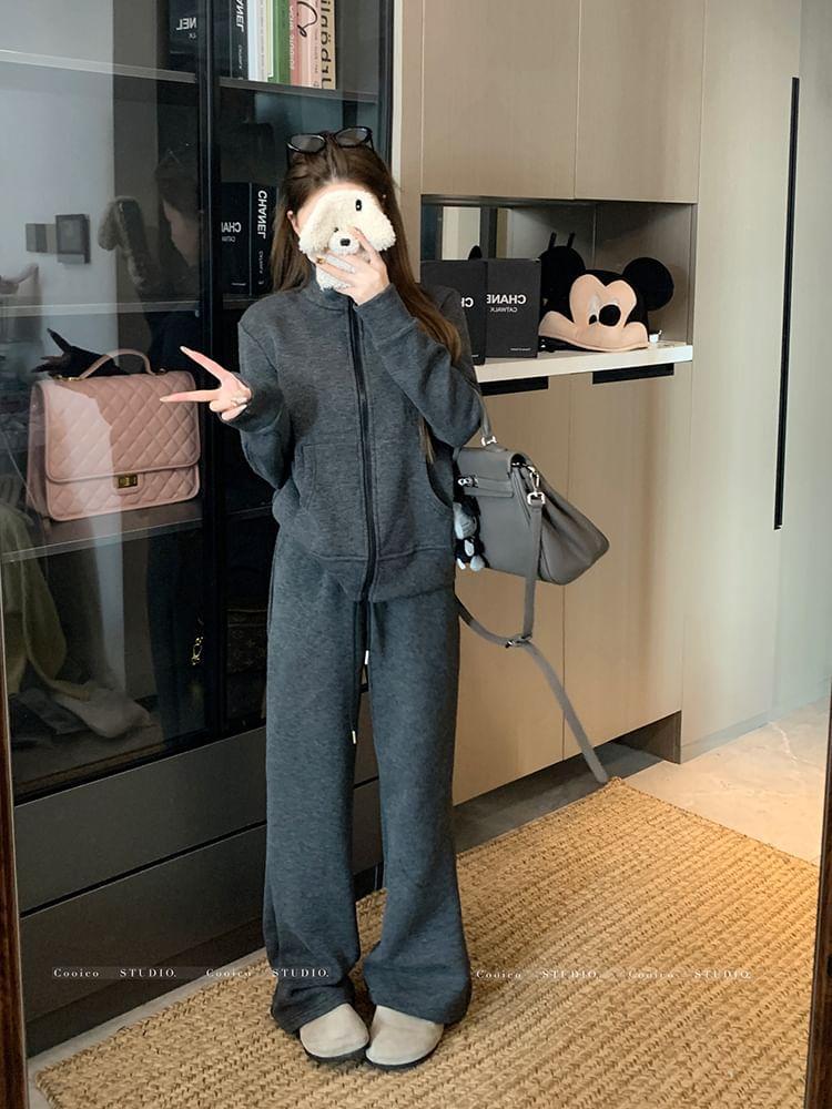 Stand Collar Zip Jacket / Drawstring Waist Wide Leg Sweatpants Product Image