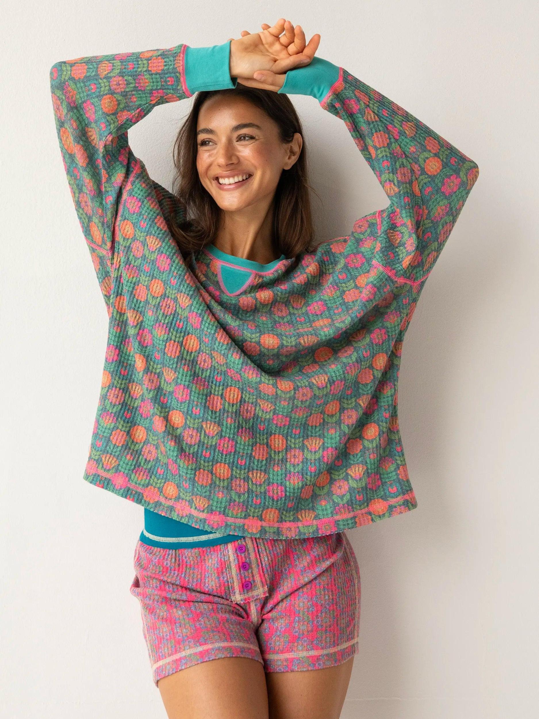 Mix & Match Waffle Pajama Top - Teal Mod Floral Product Image