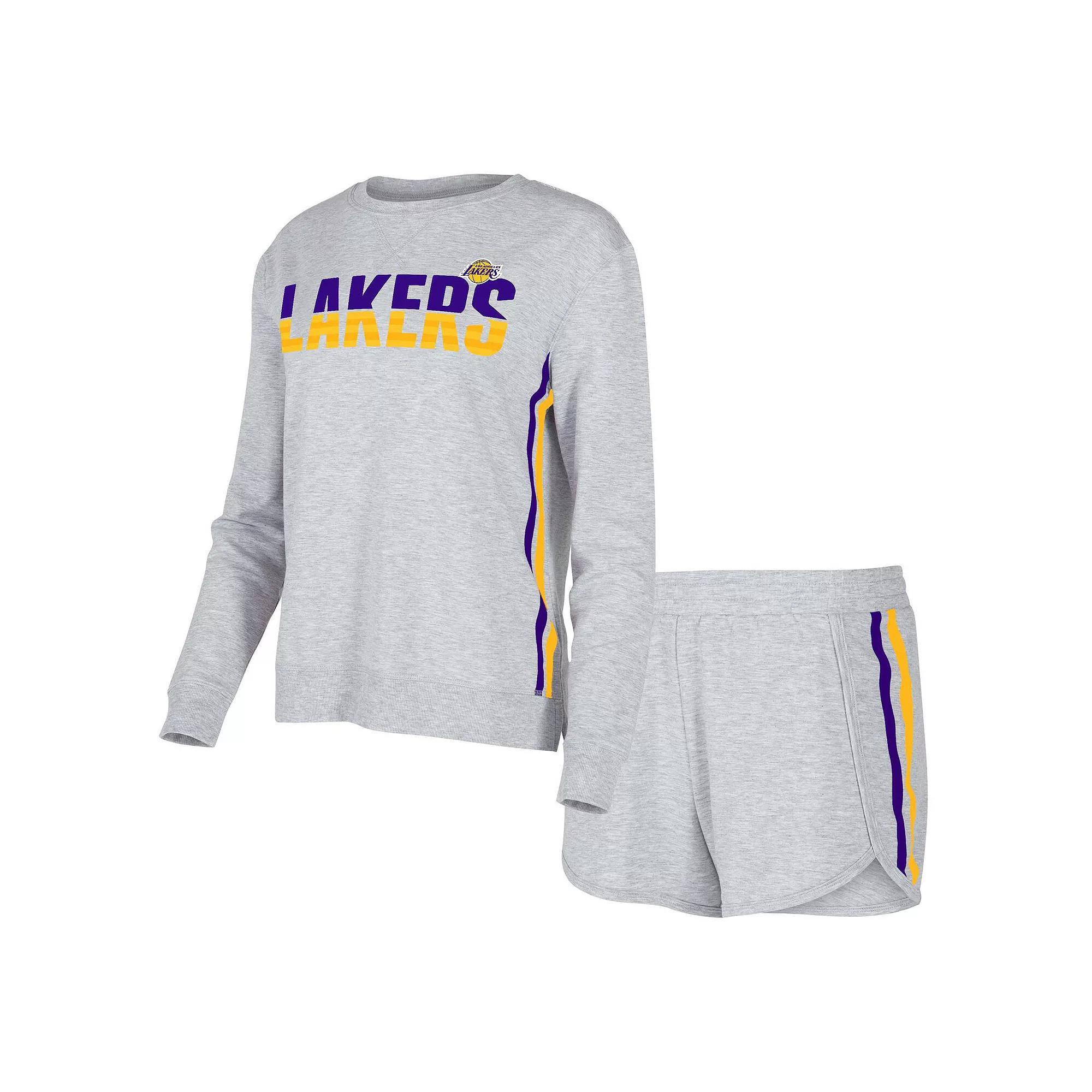 Womens Concepts Sport Gray Los Angeles Lakers Cedar Long Sleeve T-Shirt & Shorts Sleep Set Product Image