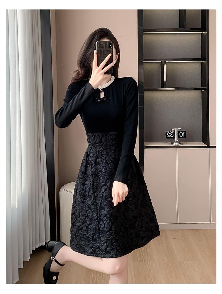 Long-Sleeve Crewneck Jacquard Knit A-Line Dress Product Image