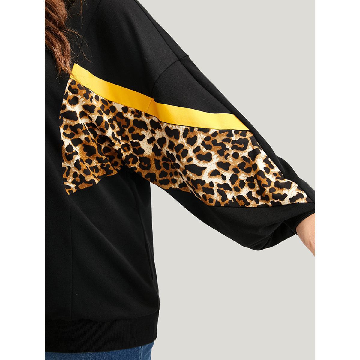 Plus Size Leopard Patchwork Contrast Lantern Sleeve Sweatshirt Women Black Casual Contrast Round Neck Dailywear Sweatshirts BloomChic 22-24/3X Product Image