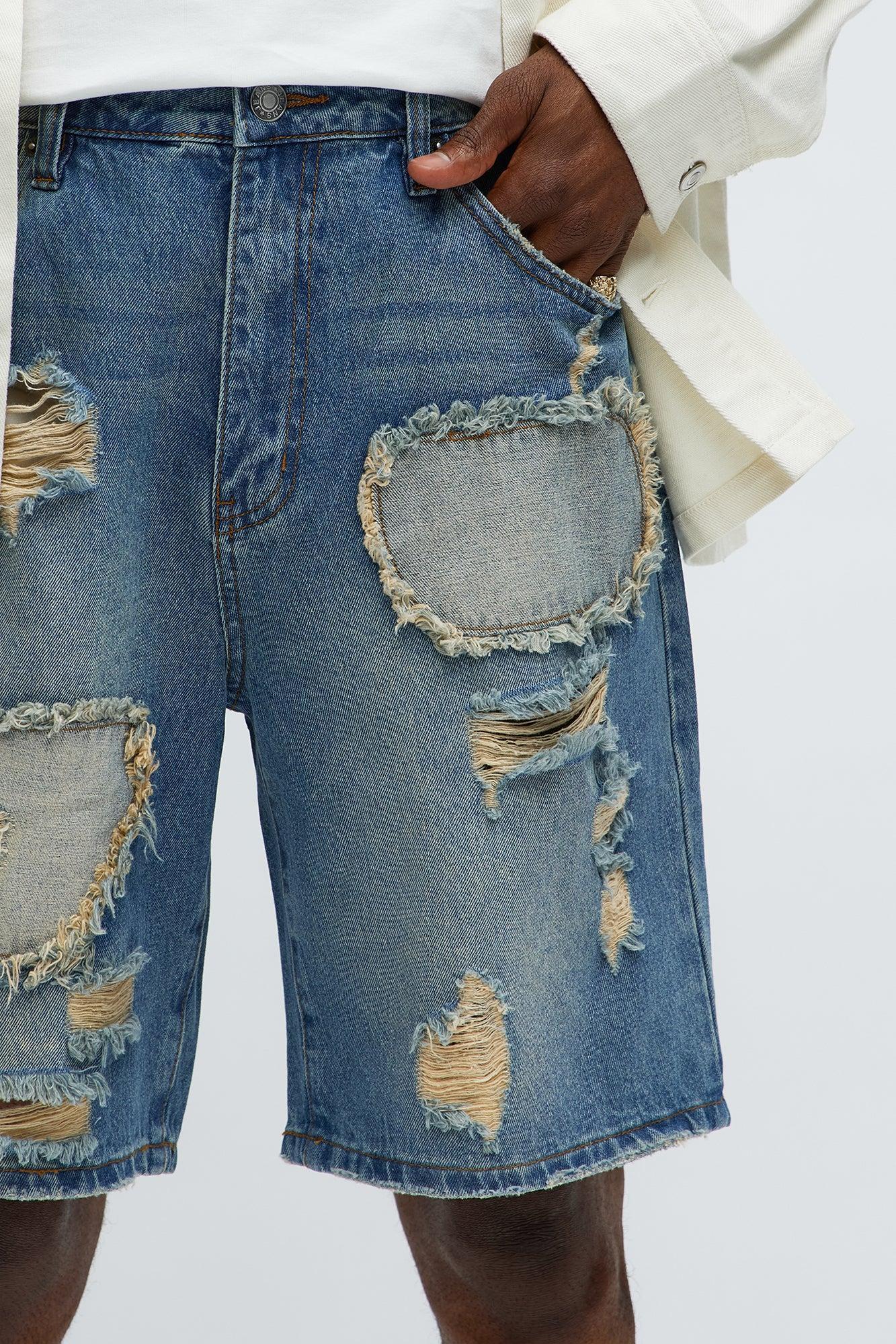 Relaxed Patches With Fray Distressed Denim Shorts - Vintage Blue Wash Product Image